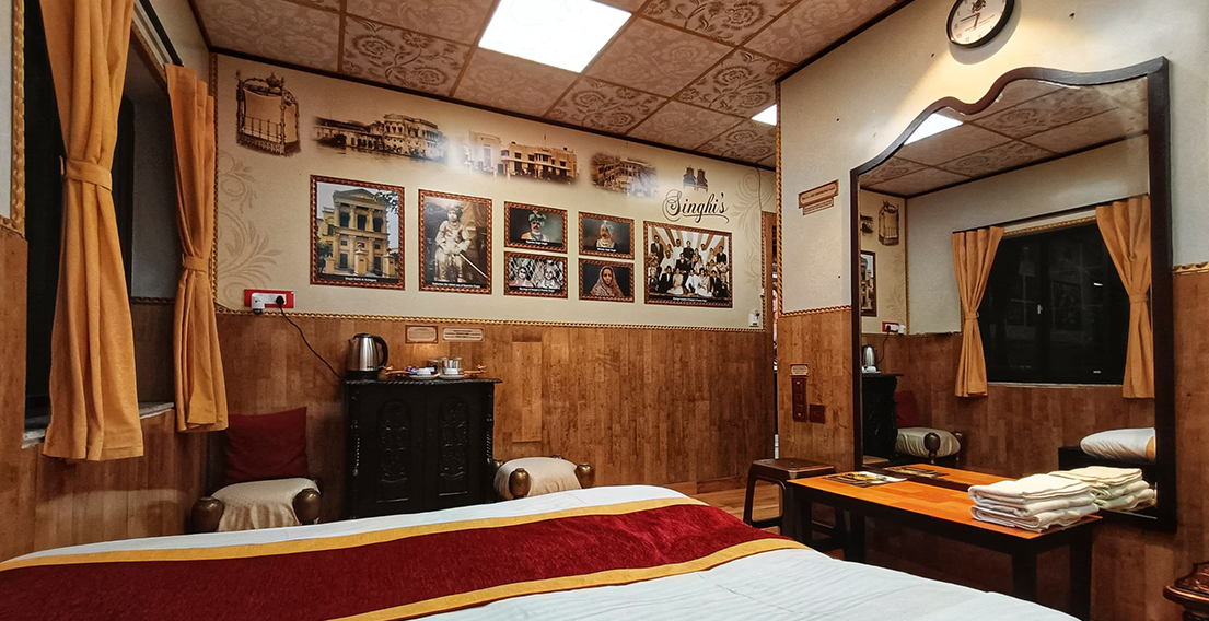 Overall ambience of Singhis Room at House of Sheherwali Hotel in Azimganj, showcasing a perfect blend of heritage aesthetics and modern luxury