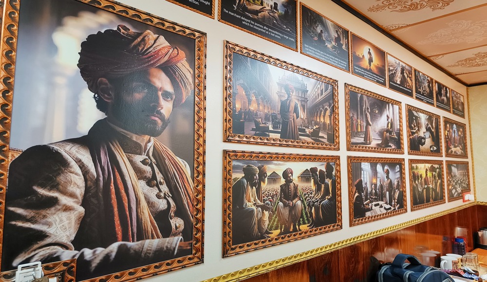 Close-up of Sheherwali-inspired wall art in Jagat Seth Room, Azimganj Heritage Stay