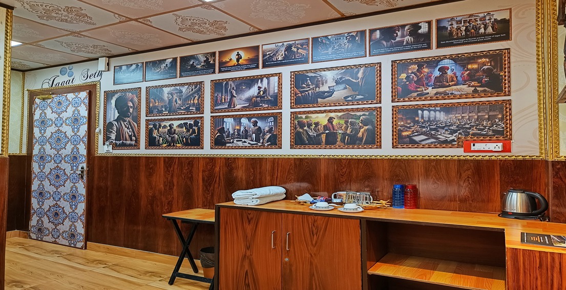Heritage decor in Jagat Seth Room, Azimganj, combining traditional Sheherwali elements with modern luxury