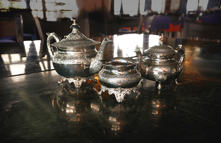 Exhibit of German Silver at House of Sheherwali in Azimganj, showcasing the bright, silvery alloy used in 19th-century decorative objects and jewelry.
