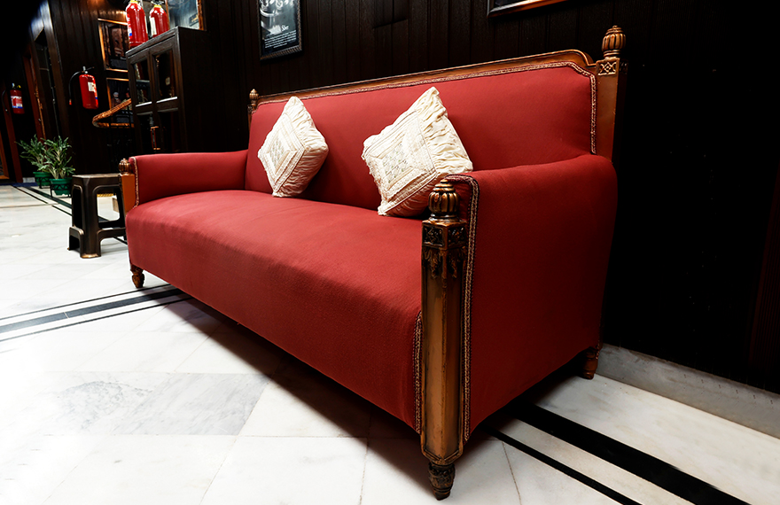 Exhibit of guilded furniture at House of Sheherwali Hotel in Azimganj, showcasing ancient gilding techniques and ornate craftsmanship.