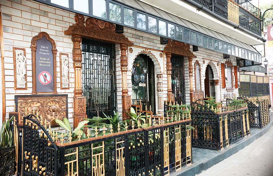 Ancient rare marble tiles and arches, preserved from a 400-year-old Jain temple, displayed at House of Sheherwali.