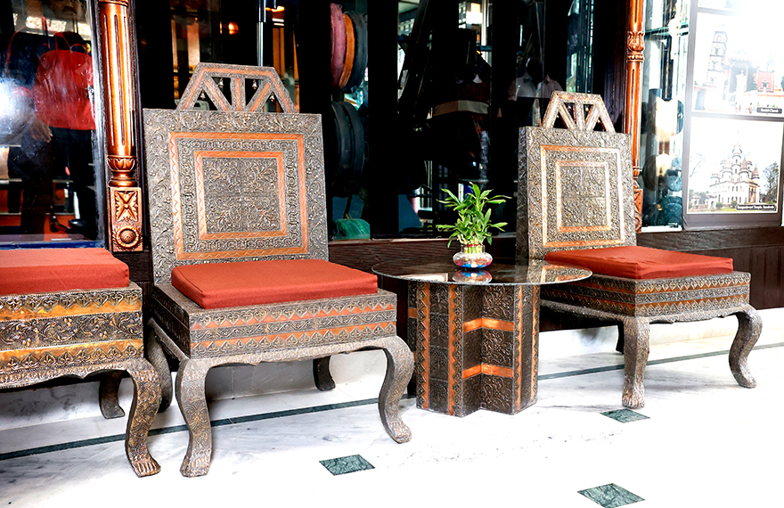 Exhibit of Silver Leaf Furniture at House of Sheherwali Hotel in Azimganj, showcasing intricate silver leaf detailing and historic design.