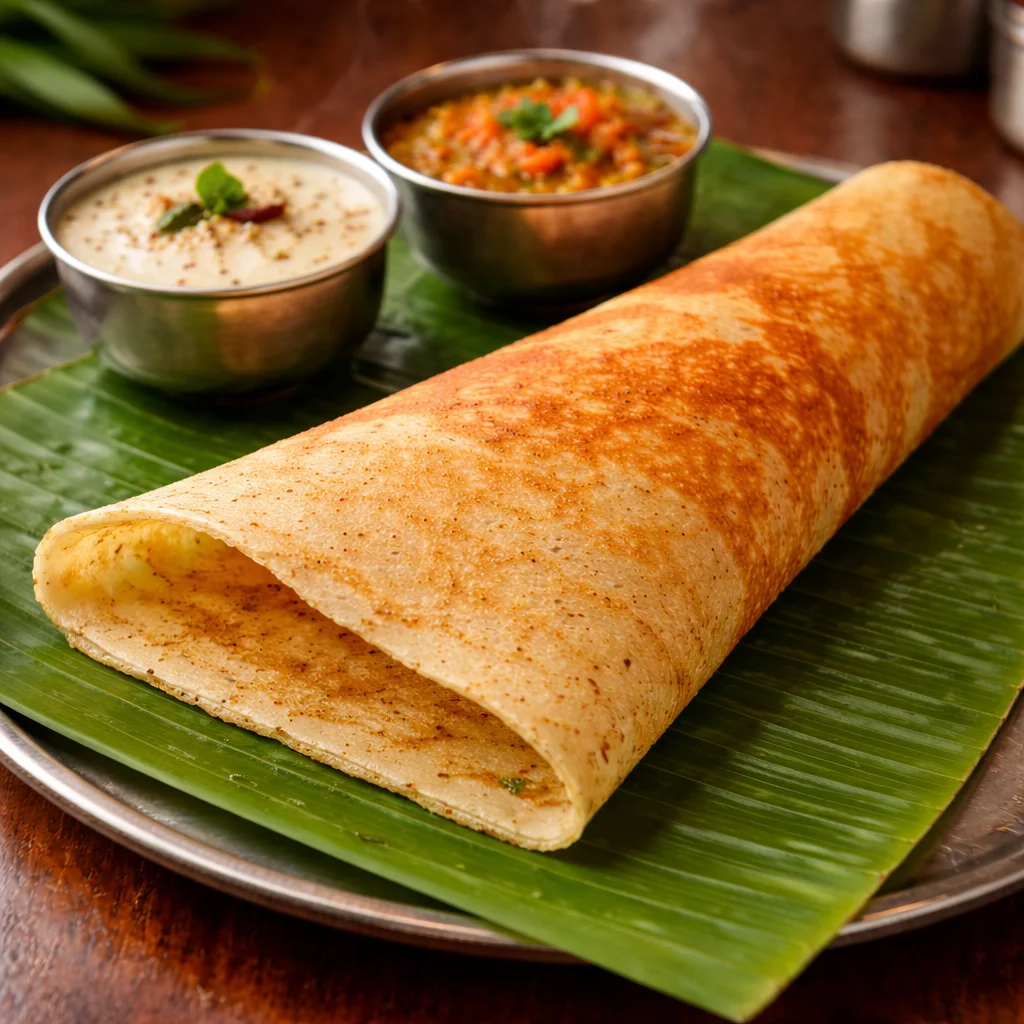 Plain crispy dosa served with chutney and sambar at House of Sheherwali, Murshidabad.