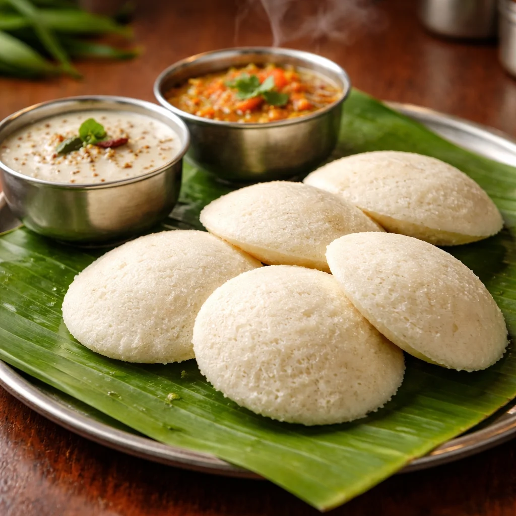 Soft idli served with coconut chutney and hot sambar at House of Sheherwali, Murshidabad.