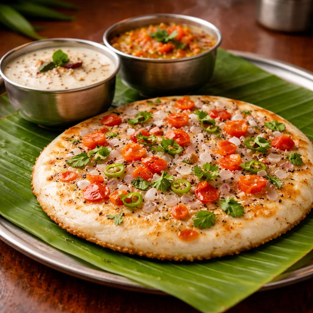 Vegetable uttapam served with coconut chutney and sambar at House of Sheherwali, Murshidabad