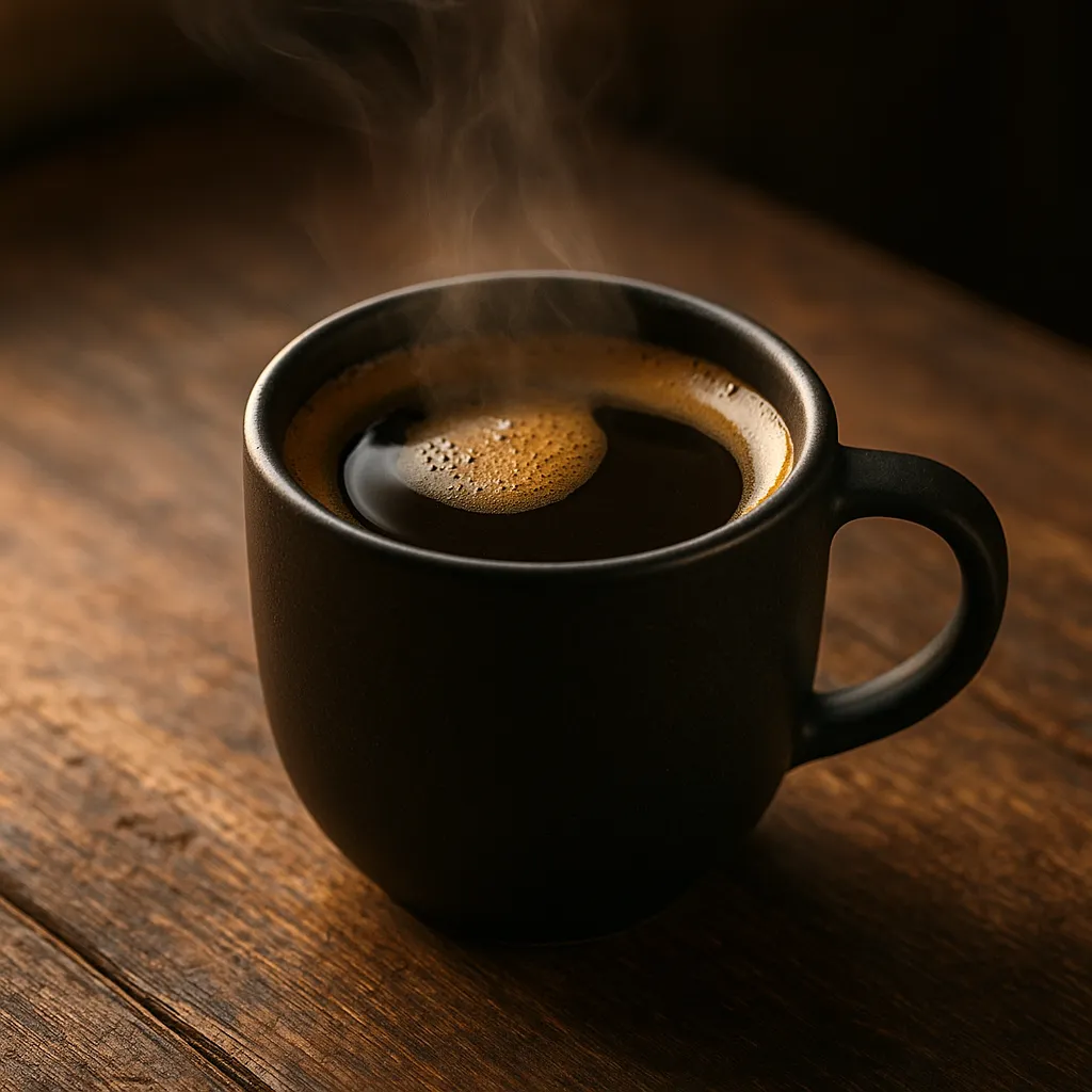 Steaming cup of black coffee in a matte ceramic mug at House of Sheherwali restaurant.