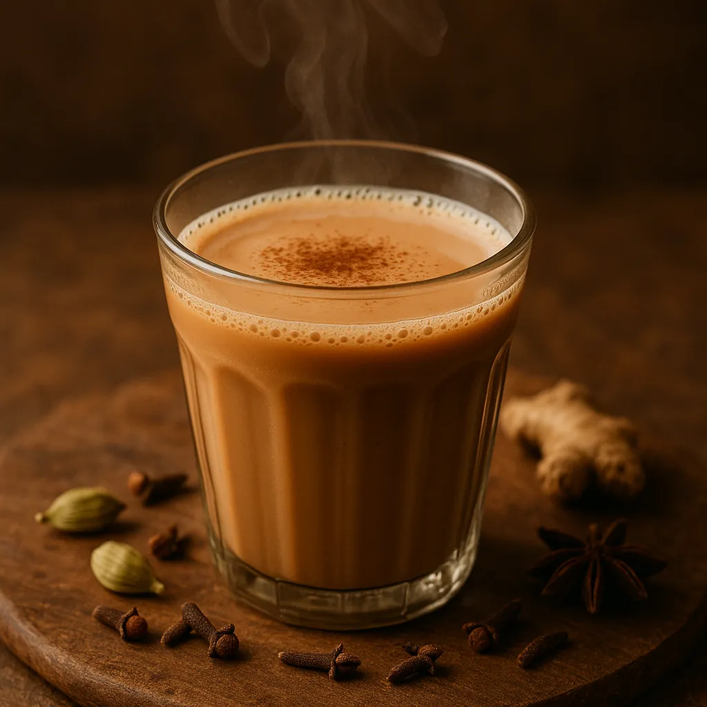 Masala chai served in a traditional glass with spices at House of Sheherwali.
