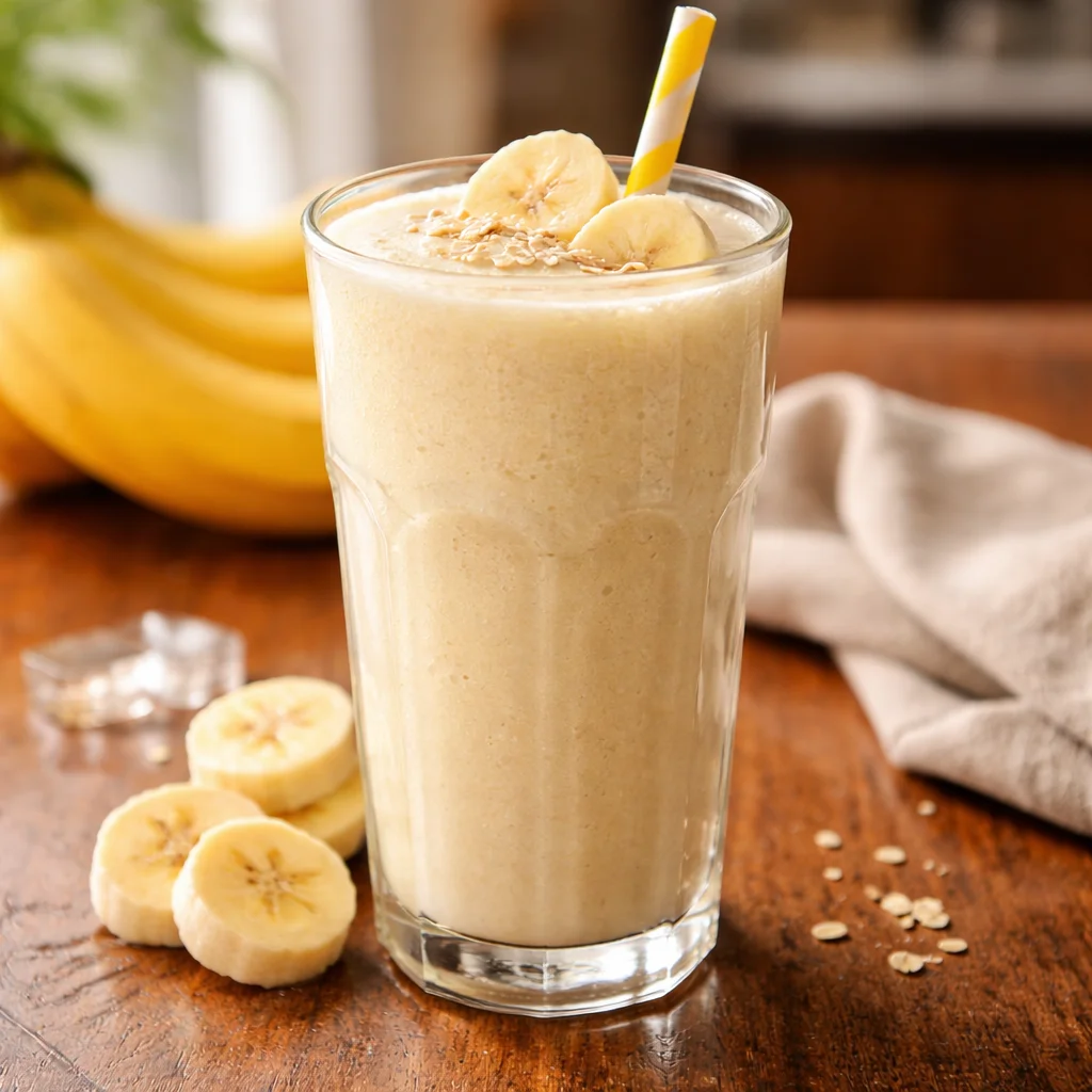 Creamy banana smoothie served in a tall glass at House of Sheherwali restaurant, Murshidabad.
