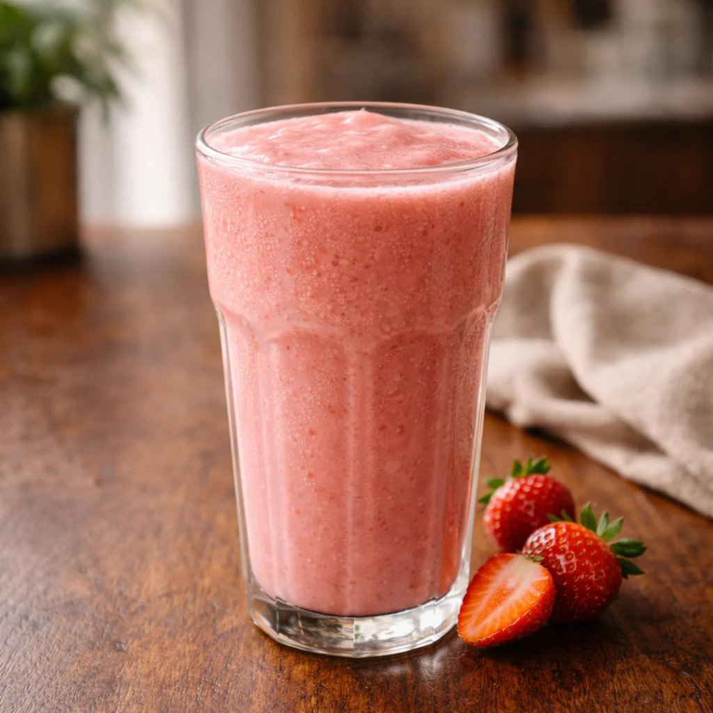 Fresh strawberry smoothie served at House of Sheherwali restaurant, Murshidabad.