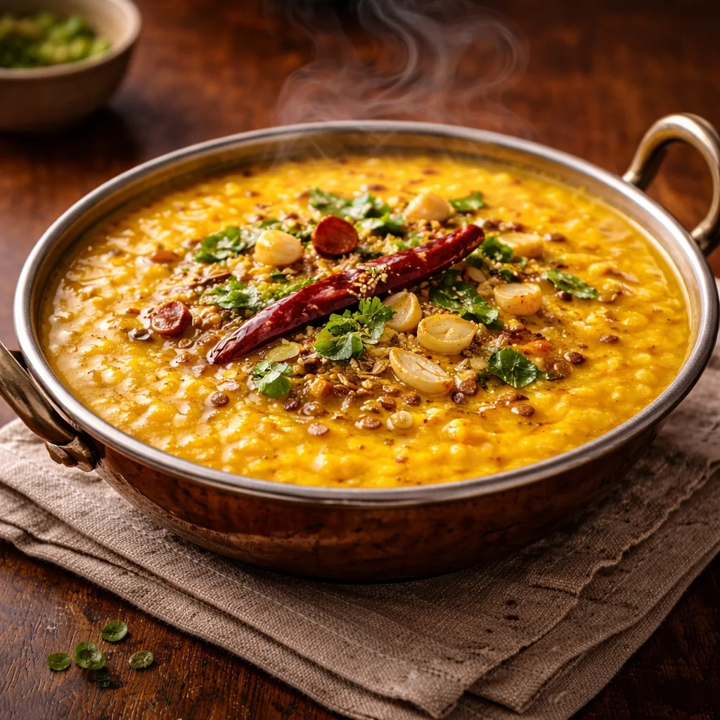 Dal fry served at House of Sheherwali restaurant in Murshidabad.