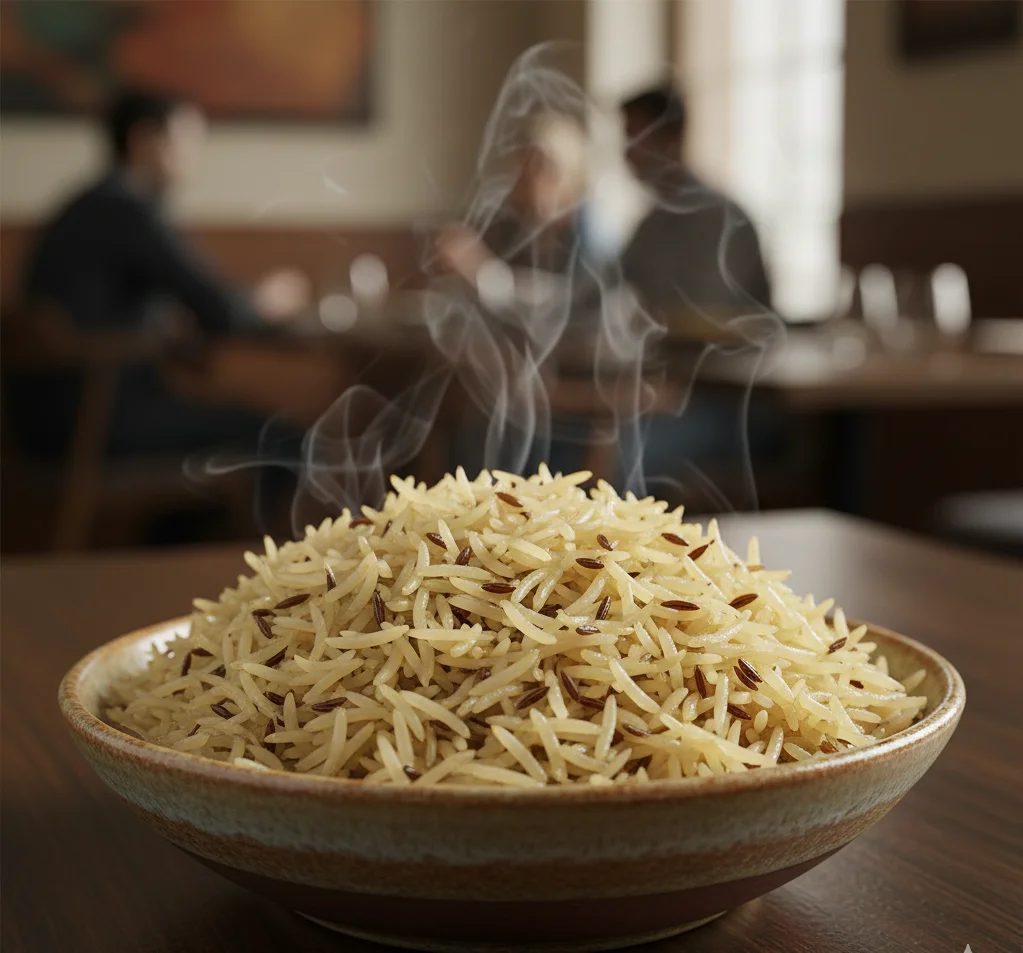 Jeera rice with cumin seeds served at House of Sheherwali restaurant in Murshidabad