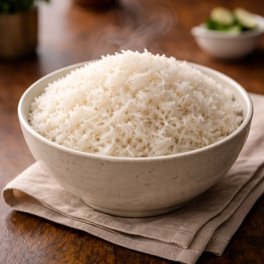 Steamed white rice served at House of Sheherwali restaurant in Murshidabad